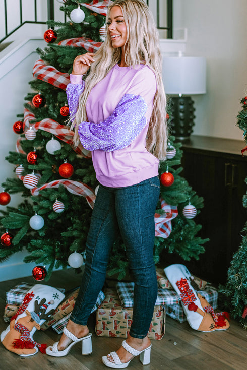 Sequin Patchwork Long Sleeve Relaxed Fit Pullover Top