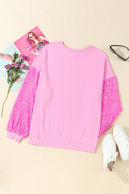Sequin Patchwork Long Sleeve Relaxed Fit Pullover Top
