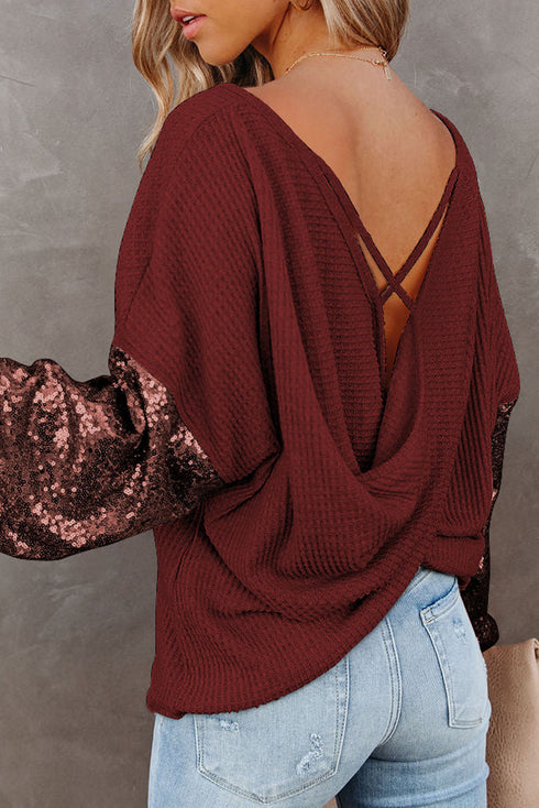 Sequin Patchwork Sleeve Open Back Waffle Knit Top