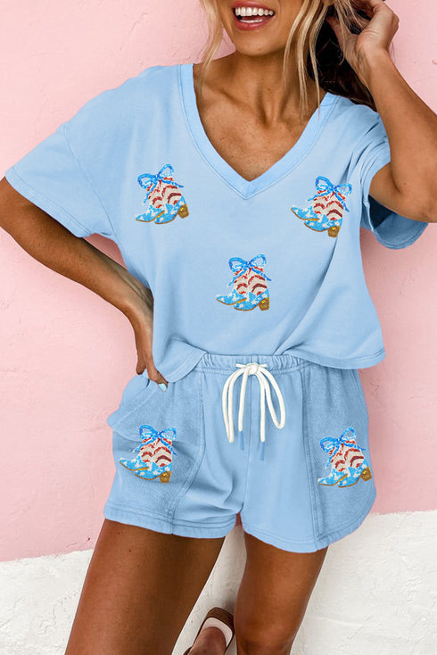Sequin Patriotic Cowboy Boot Graphic V-Neck Tee And Shorts Set