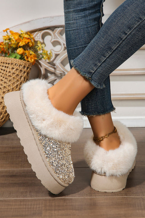 Sequin Plush Lined Thick Sole Platform Slip On Boots