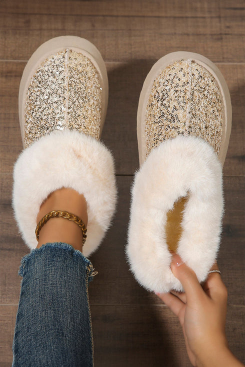 Sequin Plush Lined Thick Sole Platform Slip On Boots