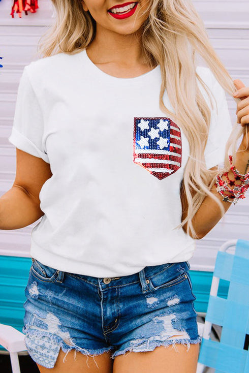 Sequin Pocket Short Sleeve Rolled Cuff Tee
