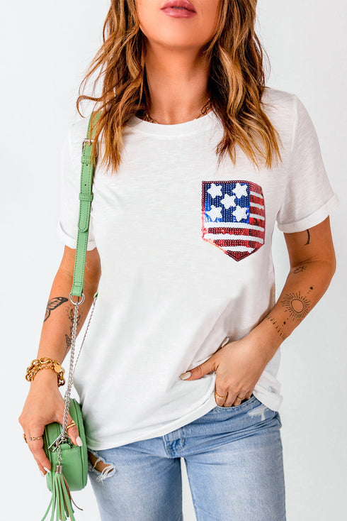 Sequin Pocket Short Sleeve Rolled Cuff Tee