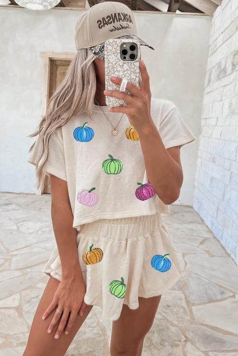 Sequin Pumpkin Cropped Tee And Skort Graphic Set