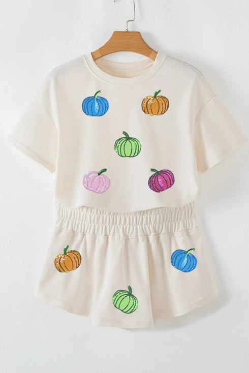 Sequin Pumpkin Cropped Tee And Skort Graphic Set
