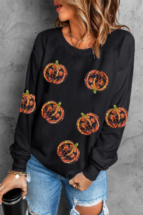 Sequin Pumpkin Embellished Crew Neck Long Sleeve Sweatshirt