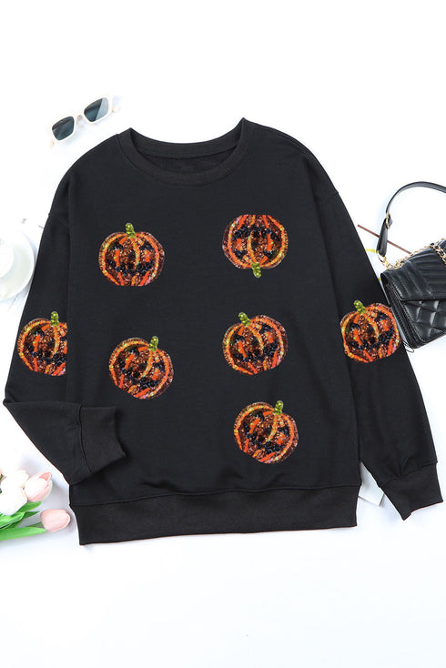 Sequin Pumpkin Embellished Crew Neck Long Sleeve Sweatshirt