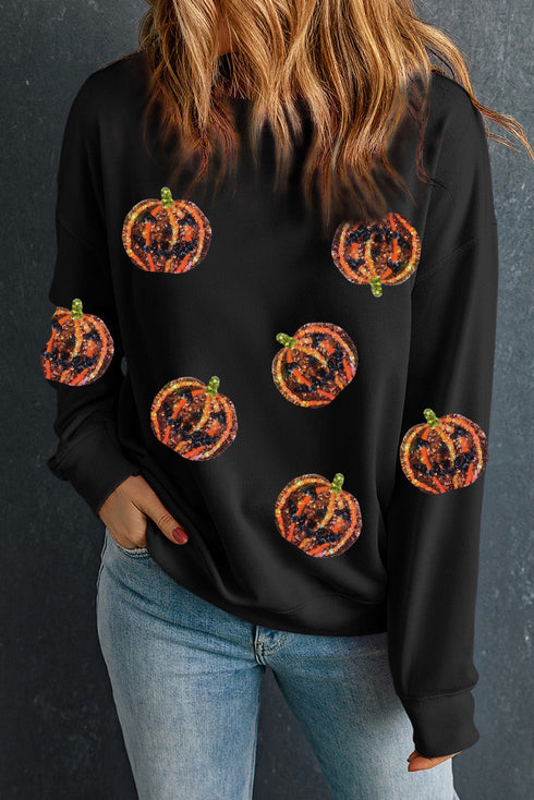 Sequin Pumpkin Embellished Crew Neck Long Sleeve Sweatshirt