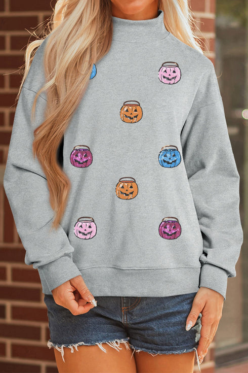 Sequin Pumpkin Face Graphic Mock Neck Sweatshirt