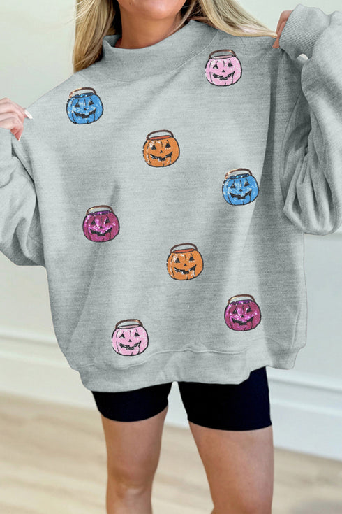 Sequin Pumpkin Face Graphic Mock Neck Sweatshirt