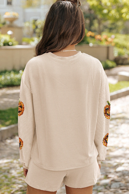 Sequin Pumpkin Graphic Corded Two Piece Shorts Set