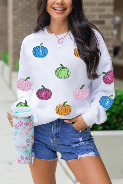 Sequin Pumpkin Graphic Crew Neck Pullover Sweatshirt