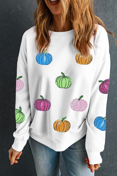 Sequin Pumpkin Graphic Crew Neck Pullover Sweatshirt