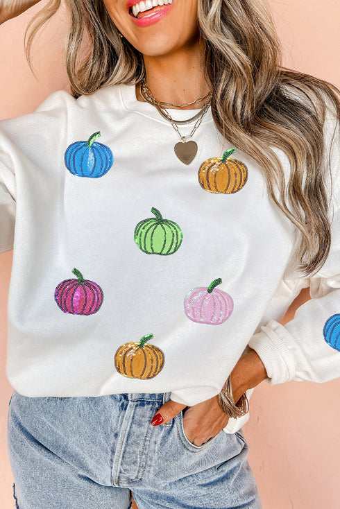 Sequin Pumpkin Graphic Crew Neck Pullover Sweatshirt