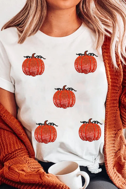 Sequin Pumpkin Graphic Crew Neck Short Sleeve Shirt