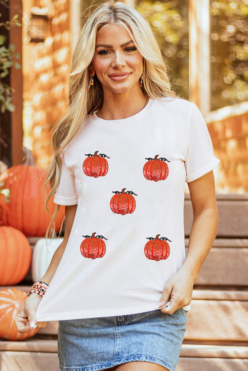 Sequin Pumpkin Graphic Crew Neck Short Sleeve Shirt