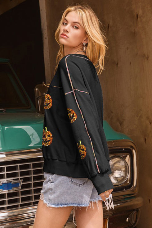 Sequin Pumpkin Graphic Exposed Seam Pullover Sweatshirt