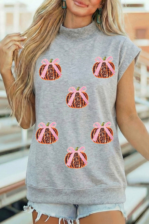 Sequin Pumpkin Graphic High Neck Cap Sleeve Tank Top