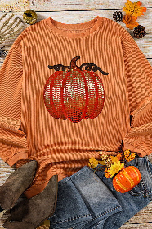 Sequin Pumpkin Graphic Ribbed Knit Pullover Sweatshirt