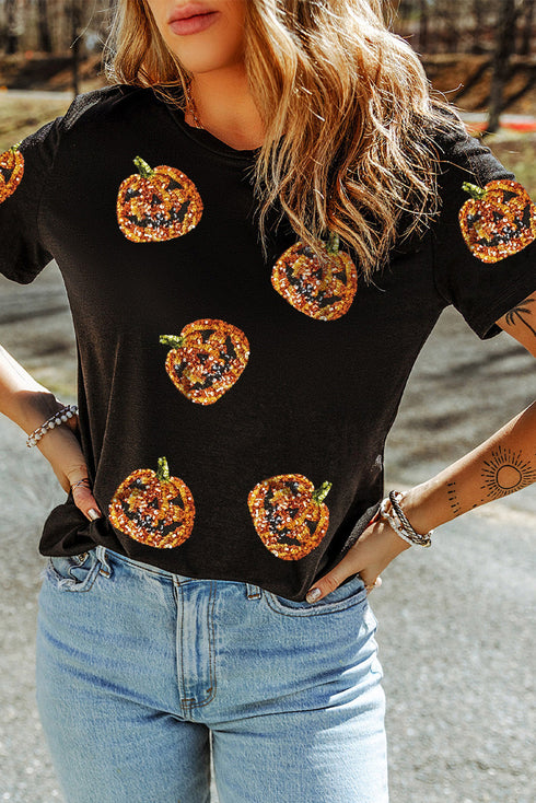Sequin Pumpkin Graphic Short Sleeve Jersey Tee