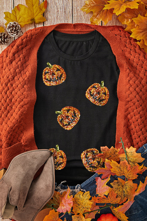 Sequin Pumpkin Graphic Short Sleeve Jersey Tee