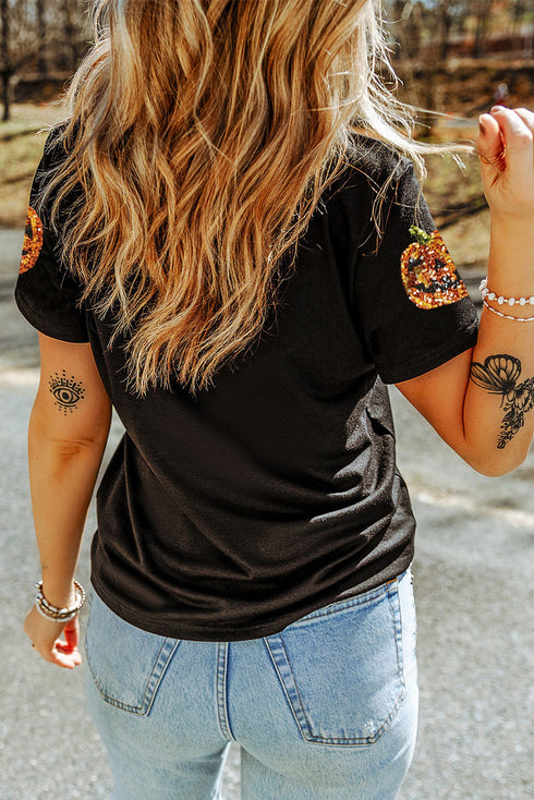 Sequin Pumpkin Graphic Short Sleeve Jersey Tee
