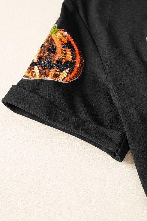 Sequin Pumpkin Graphic Short Sleeve Jersey Tee