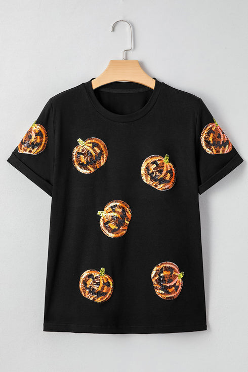 Sequin Pumpkin Graphic Short Sleeve Jersey Tee