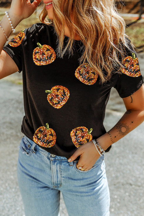 Sequin Pumpkin Graphic Short Sleeve Jersey Tee