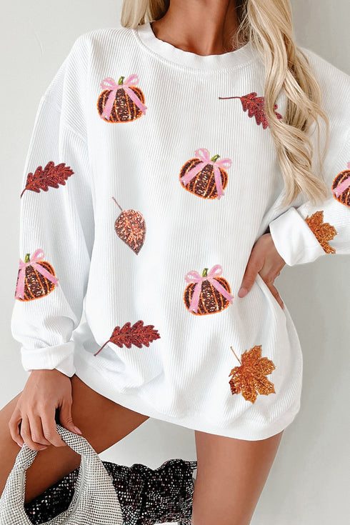 Sequin Pumpkin Leaf Corded Rib Oversized Graphic Sweatshirt