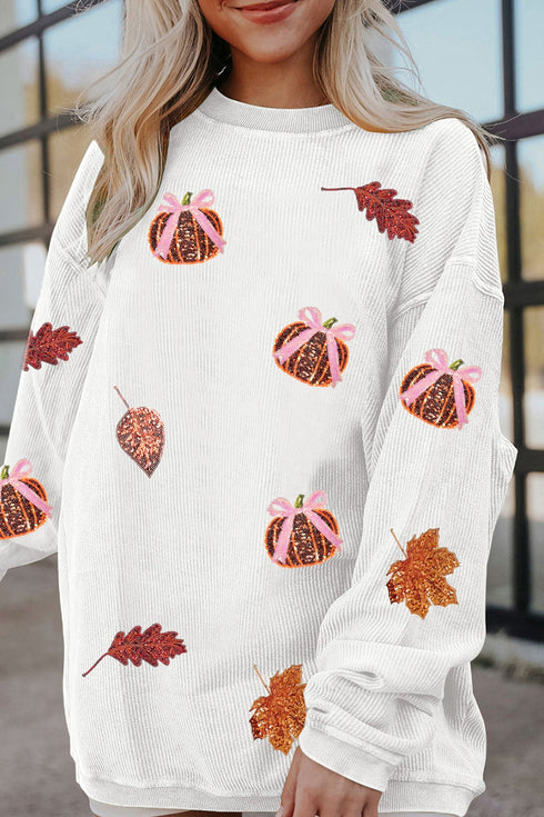 Sequin Pumpkin Leaf Corded Rib Oversized Graphic Sweatshirt