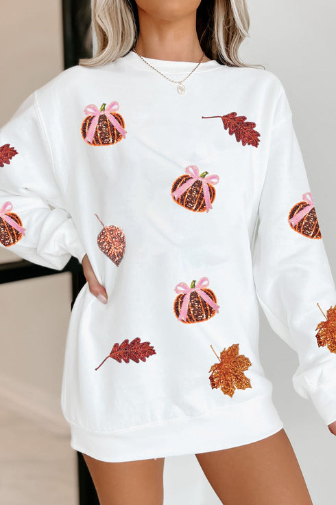 Sequin Pumpkin Leaf Corded Rib Oversized Graphic Sweatshirt