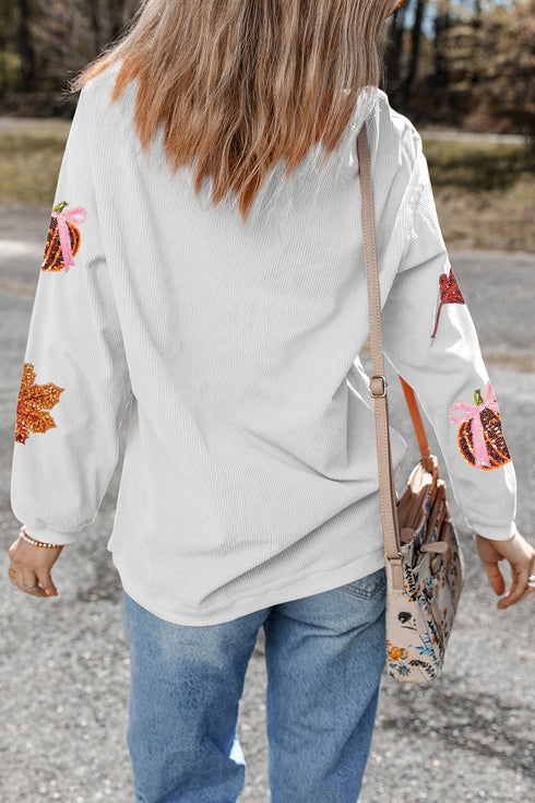 Sequin Pumpkin Leaf Corded Rib Oversized Graphic Sweatshirt