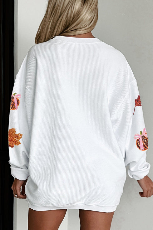 Sequin Pumpkin Leaf Corded Rib Oversized Graphic Sweatshirt