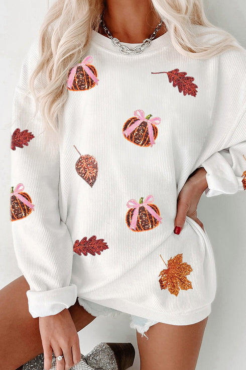 Sequin Pumpkin Leaf Corded Rib Oversized Graphic Sweatshirt