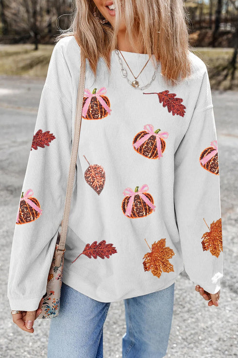 Sequin Pumpkin Leaf Corded Rib Oversized Graphic Sweatshirt