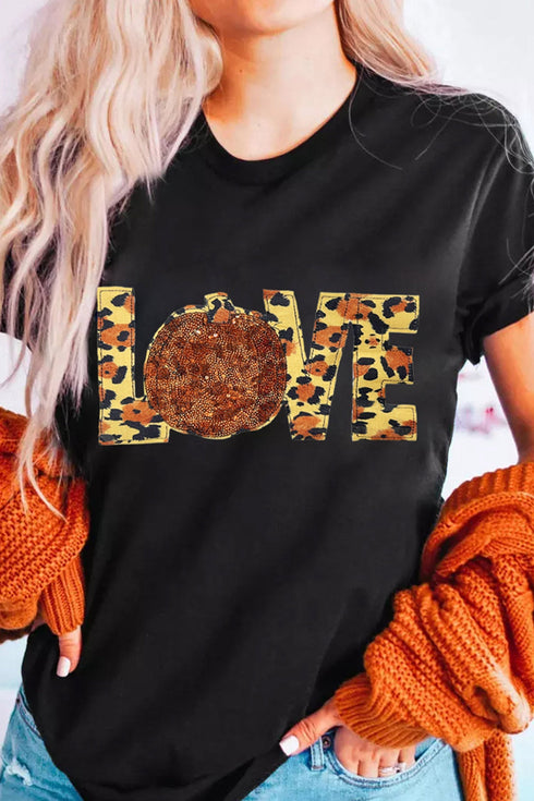 Sequin Pumpkin Leopard Print Love Graphic Tee