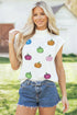 Sequin Pumpkin Pattern Mock Neck Cap Sleeve Graphic Tee