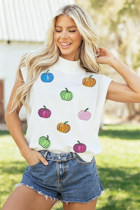 Sequin Pumpkin Pattern Mock Neck Cap Sleeve Graphic Tee