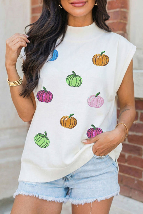 Sequin Pumpkin Pattern Mock Neck Cap Sleeve Graphic Tee