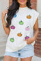 Sequin Pumpkin Pattern Mock Neck Cap Sleeve Graphic Tee