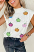 Sequin Pumpkin Pattern Mock Neck Cap Sleeve Graphic Tee