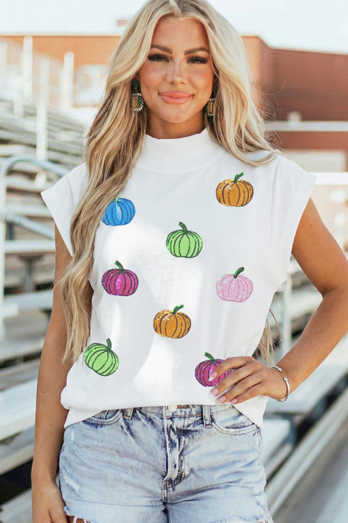 Sequin Pumpkin Pattern Mock Neck Cap Sleeve Graphic Tee
