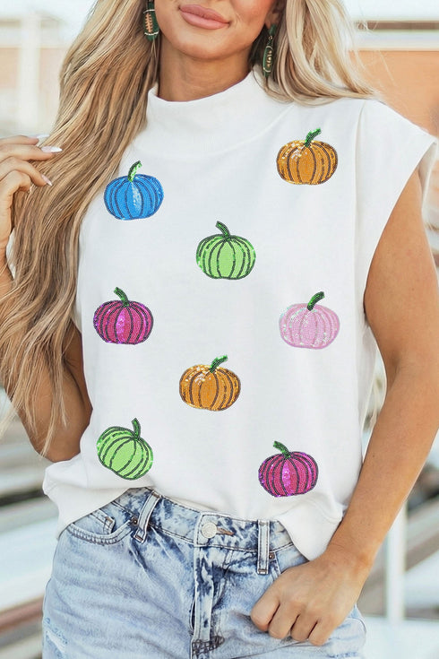 Sequin Pumpkin Pattern Mock Neck Cap Sleeve Graphic Tee