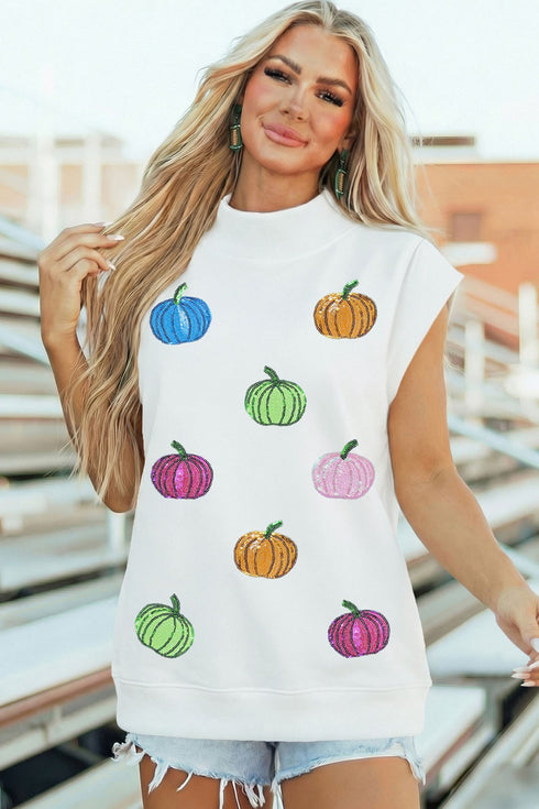 Sequin Pumpkin Pattern Mock Neck Cap Sleeve Graphic Tee