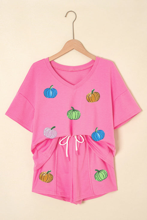 Sequin Pumpkin Pattern V Neck Drawstring Graphic Set