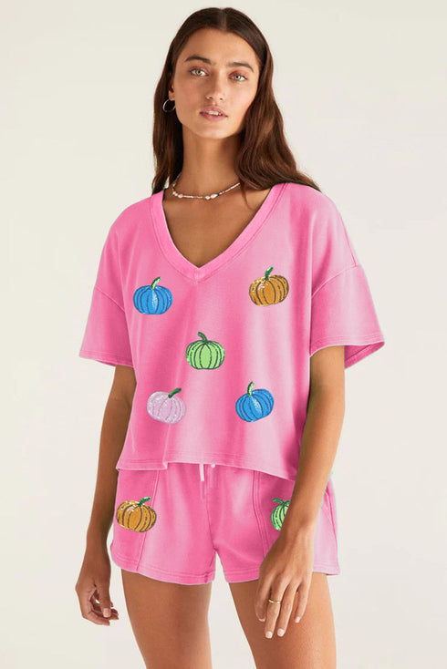 Sequin Pumpkin Pattern V Neck Drawstring Graphic Set