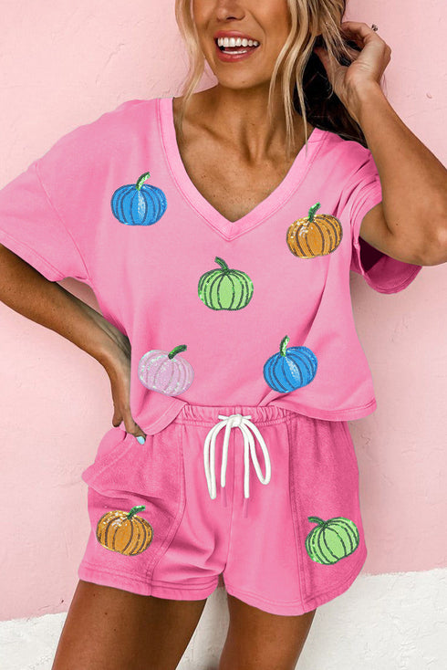 Sequin Pumpkin Pattern V Neck Drawstring Graphic Set