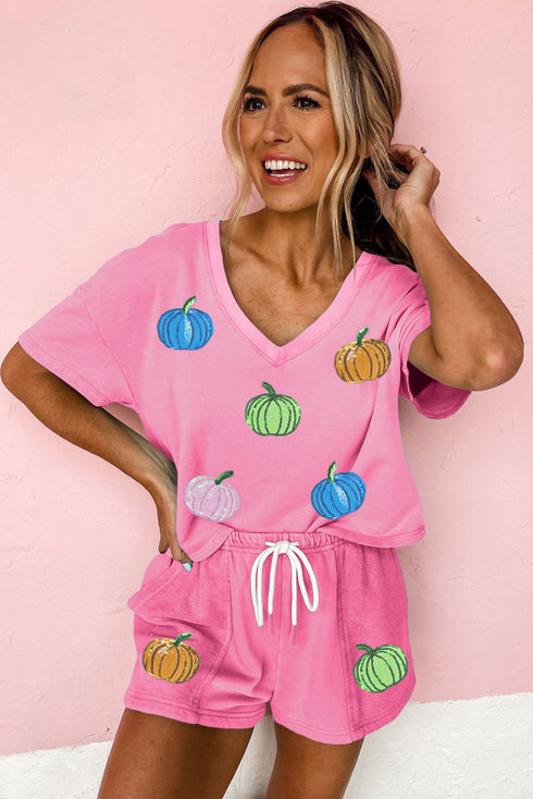 Sequin Pumpkin Pattern V Neck Drawstring Graphic Set